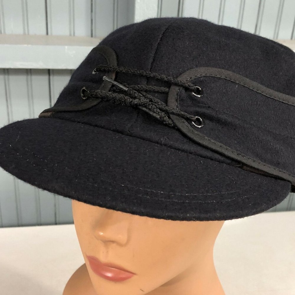Langenberg Black Wool Railroad Winter Hat Size 8 Ear Flaps Made USA
